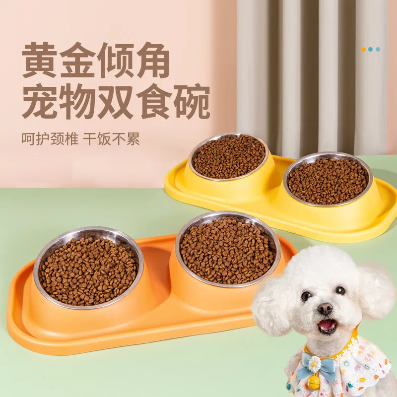 Pet Supplies Dog Pot Cat Bowl Neck Protection Slow Food Anti-choking Plate Anti-knock Over Double Bowl Diagonal