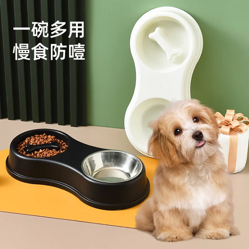 Pet Supplies Dog Pot Cat Bowl Neck Protection Slow Food Anti-choking Plate Anti-knock Over Double Bowl Diagonal